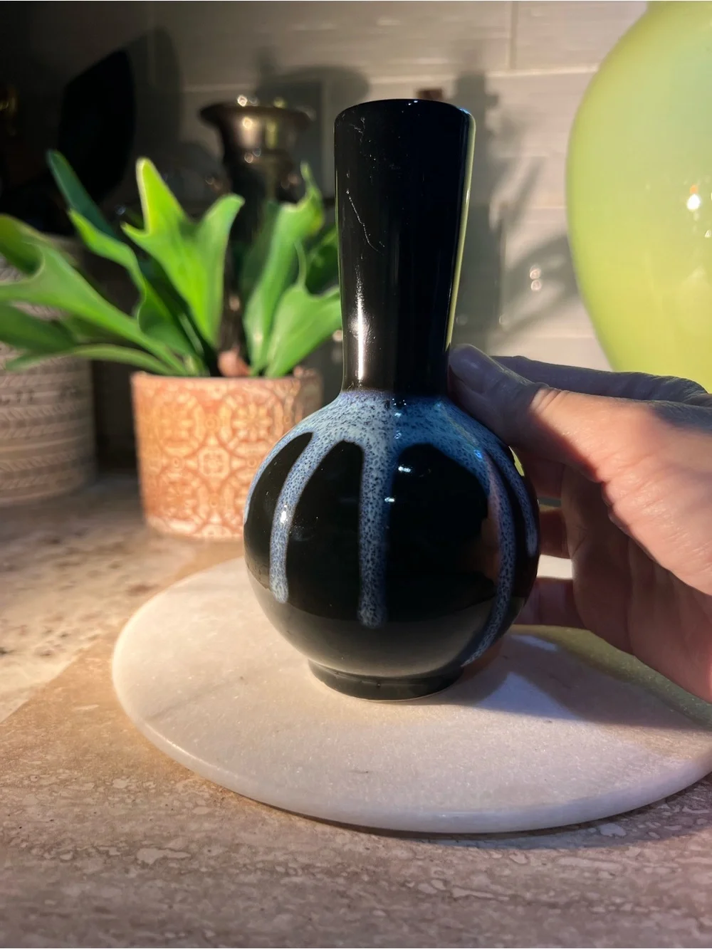 Vintage Handmade Blue and Black Ceramic Bud Vase - no cracks